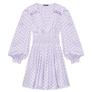 💜 🎀 NWT! Gorgeous Maje Satin Dress With Ruffles In Lavender SZ 36